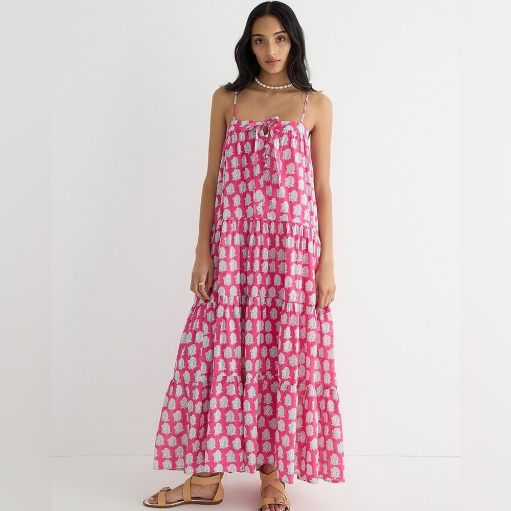 J. Crew Pink and White Printed Tiered Maxi Dress